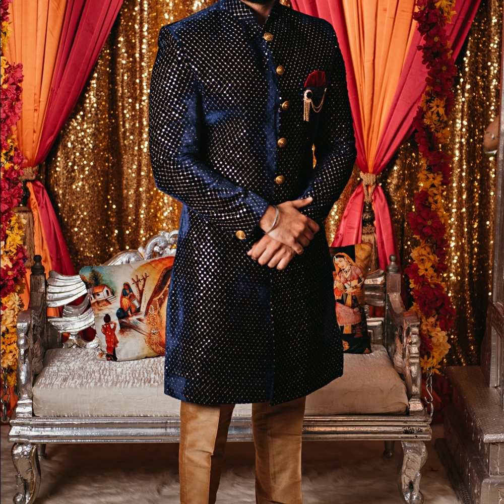 Mens Navy Blue Embellished Sherwani with Gold Buttons